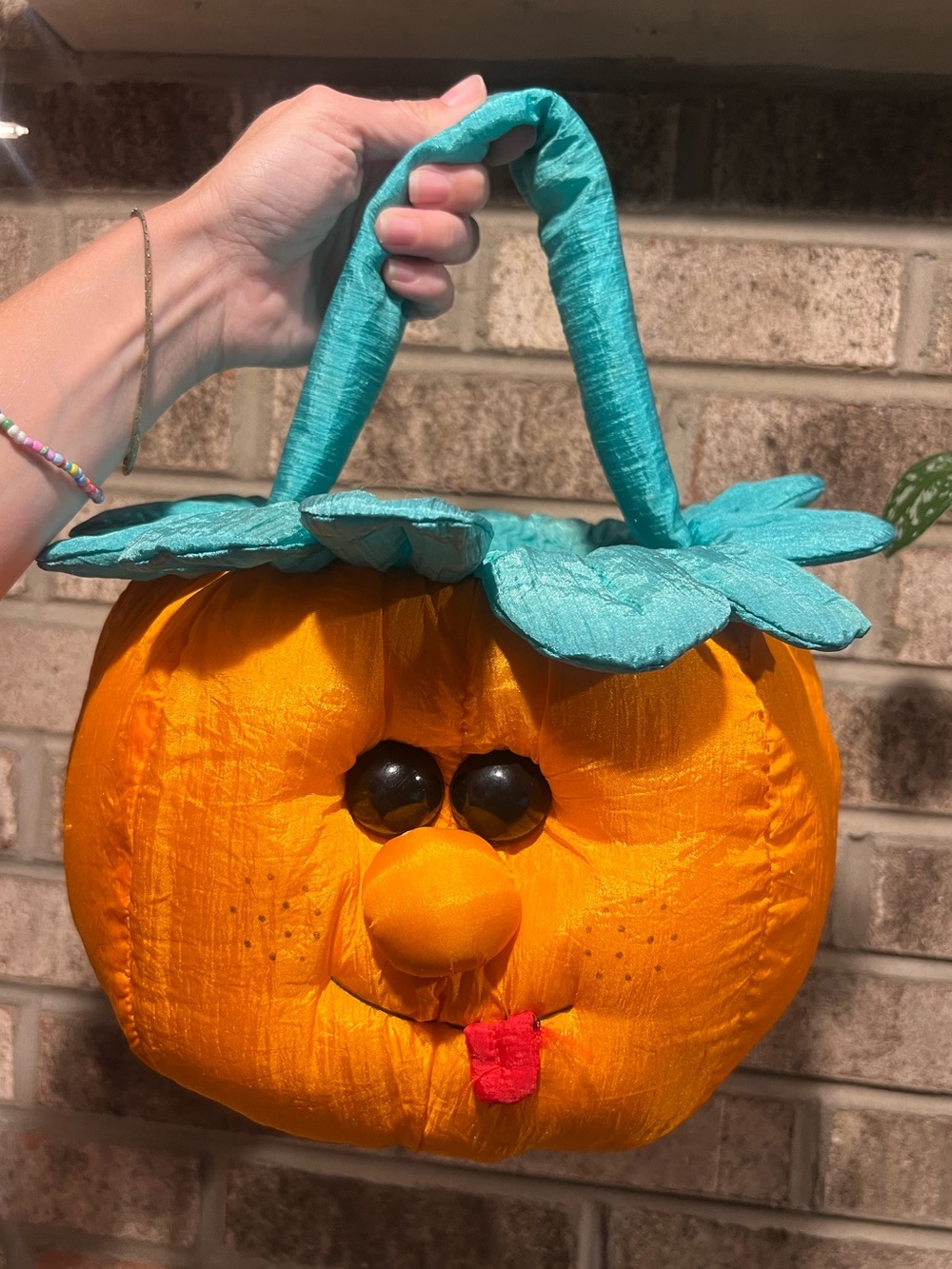 Kids Pumpkin Trick-or-Treat Bag with Teal Leaf Handle
